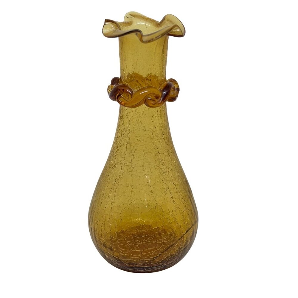 Vintage MCM Amber Blown Art Glass Crackle Vase Ruffled Neck 7.5" Textured Decor
